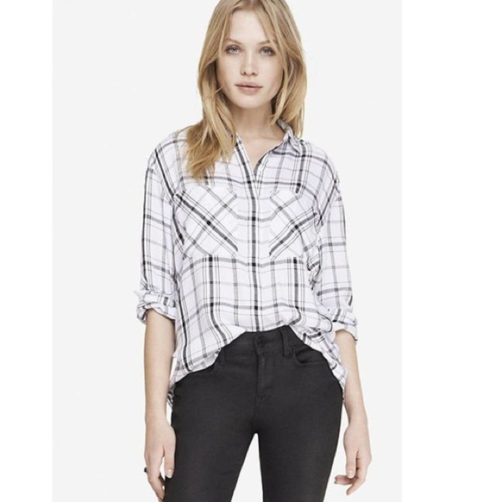 Express White and Black Plaid Button-Down Shirt